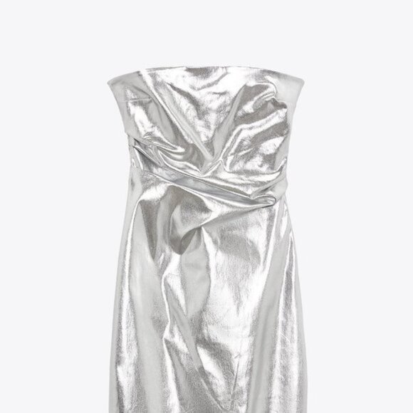 NEW Zara Women's METALLIC STRAPLESS LONG DRESS Silver - Picture 3 of 14
